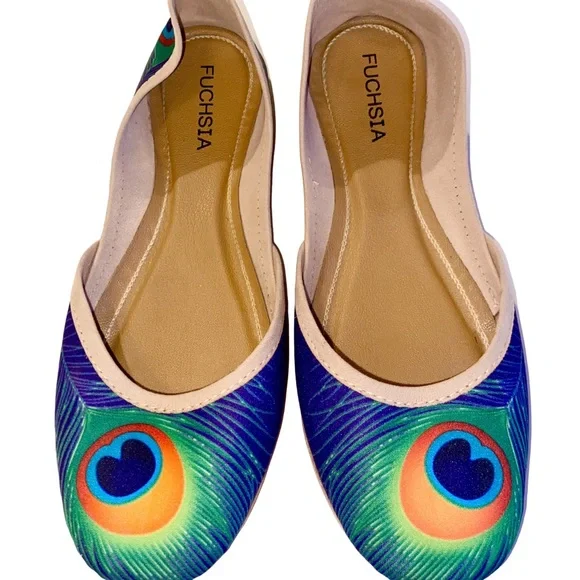 Fuchsia Artisan Made Peacock Print Flats Women’s Size 9 - Picture 5 of 16